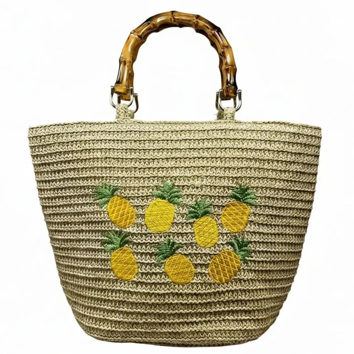 Bamboo Top Handle Pineapple Embroidered Woven Tote, Size: Medium