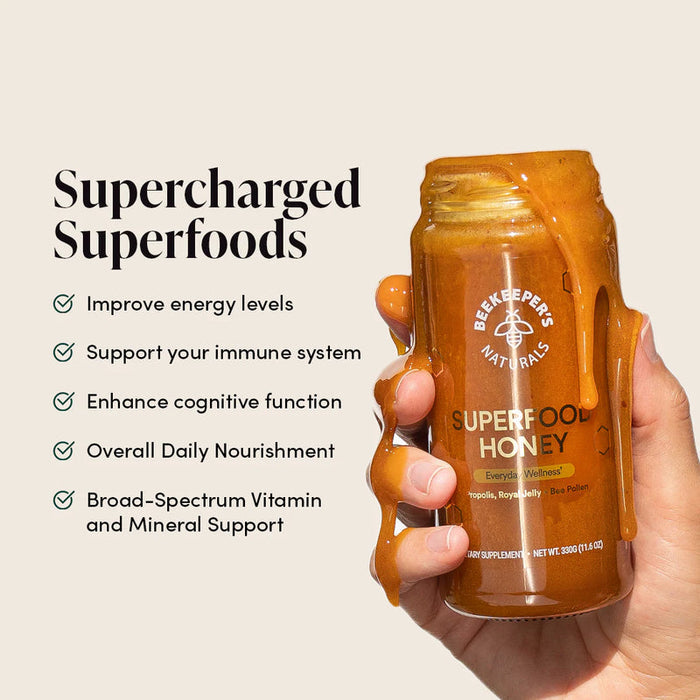 Supercharged superfoods health benefits - Beekeepers Naturals Superfood Honey
