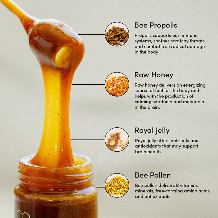 Beekeepers Naturals Superfood Honey contains Bee Propolis, raw honey, royal jelly and Bee Polen.