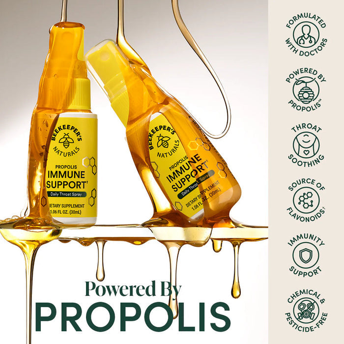 Beekeepers Naturals Propolis Immune Support Throat Spray is powered by propolis and formulated with great doctors.