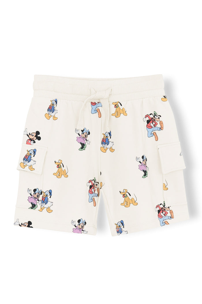 Cargo shorts with mickey mouse and friends print on an oat background
