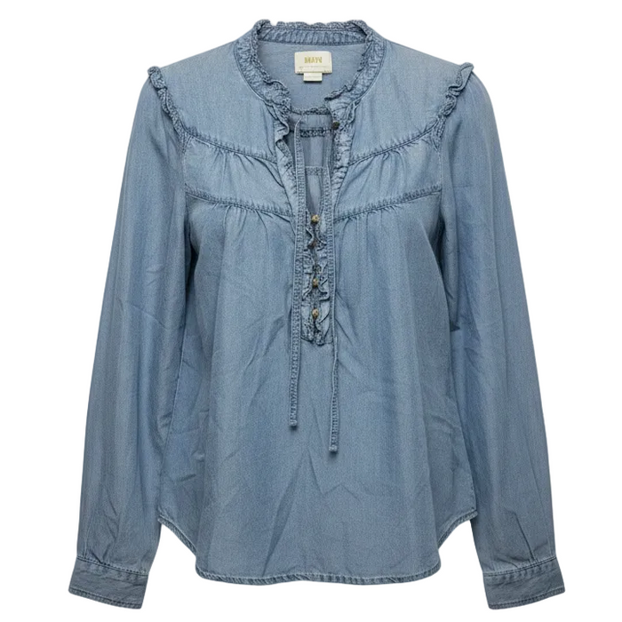 Chambray Ruffle Top Long Sleeve By Maeve In Blue Denim, Size: S
