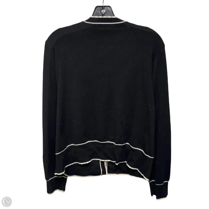 Crew Neck Cardigan Sweater With Stitch Detail By Adrianna Papell In Black & Cream, Size: L