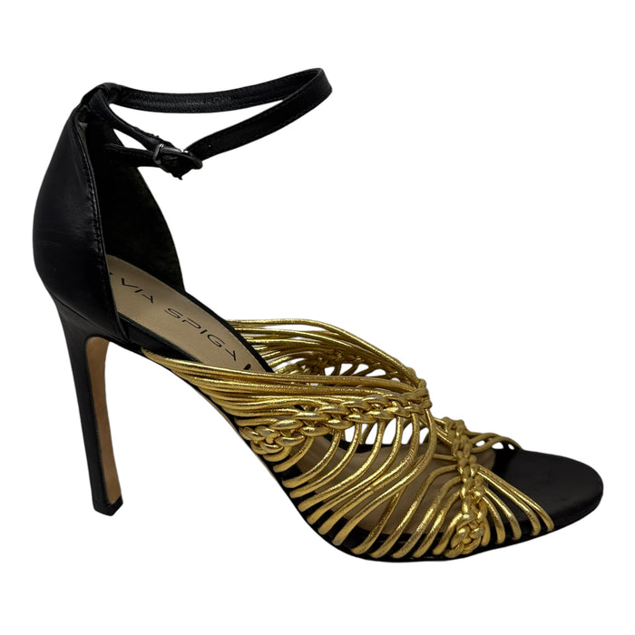 Dorian Stiletto Leather Sandals By Via Spiga In Black & Gold, Size: 7.5
