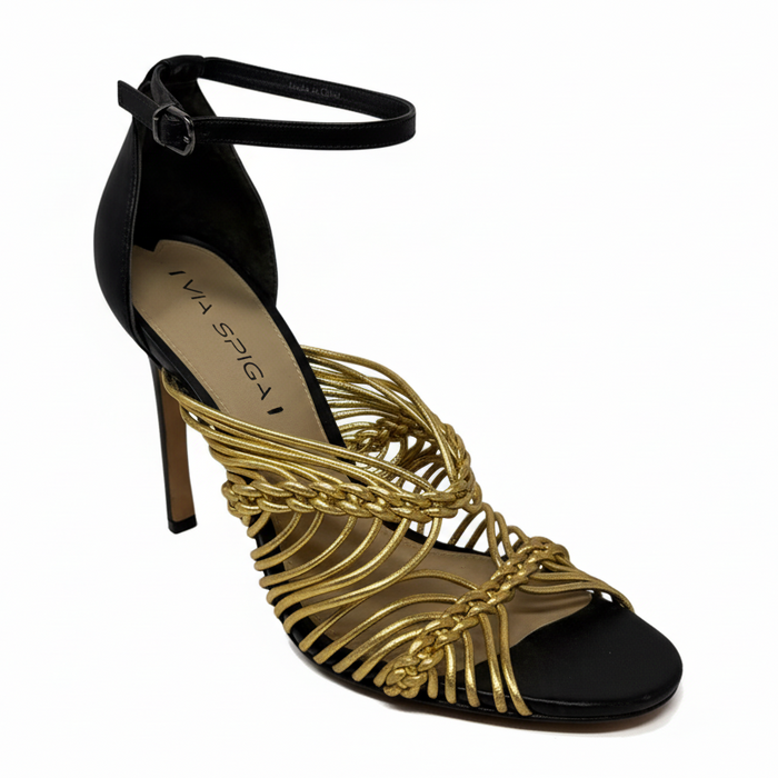Dorian Stiletto Leather Sandals By Via Spiga In Black & Gold, Size: 7.5
