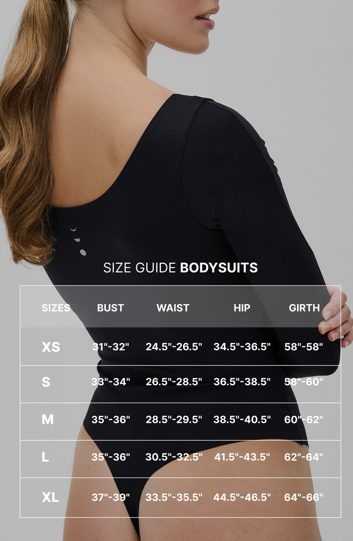 Back detail of the Elastique Athletics Iconic Compression Long Sleeve Bodysuit Thong in black with size guide measurement overlay text across the image.
