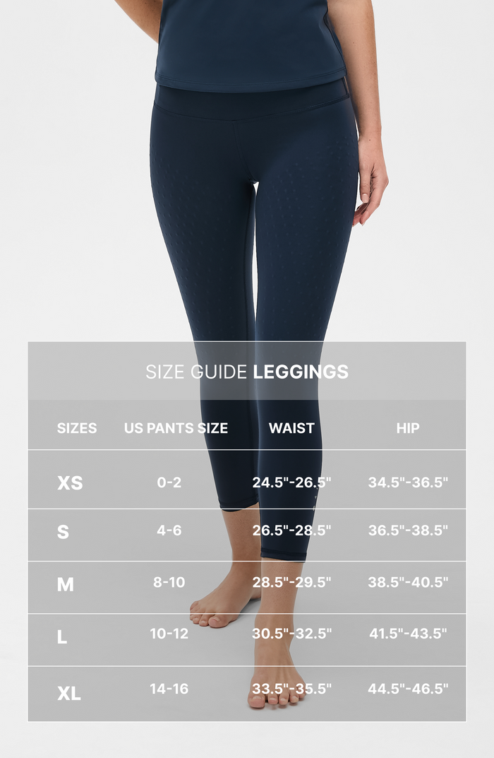 Size guide graphic for the Elastique Athletics L'Original leggings featuring measurement overlay text on a full length image of the navy blue leggings.