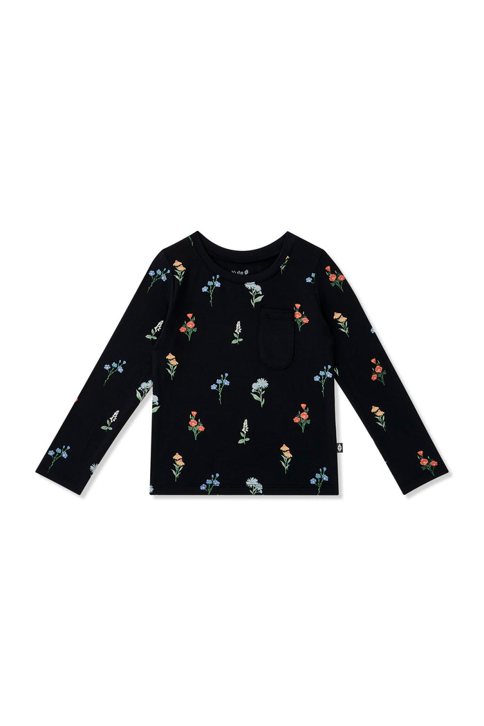 Black Long Sleeve Toddler Crew Neck Tee in Wildflower print on a white background