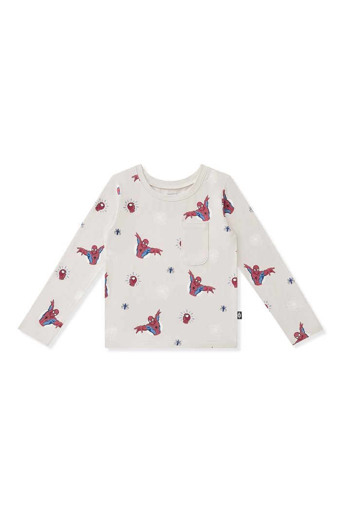 Oat Long Sleeve Toddler Crew Neck Tee with Spider-Man print on a white background