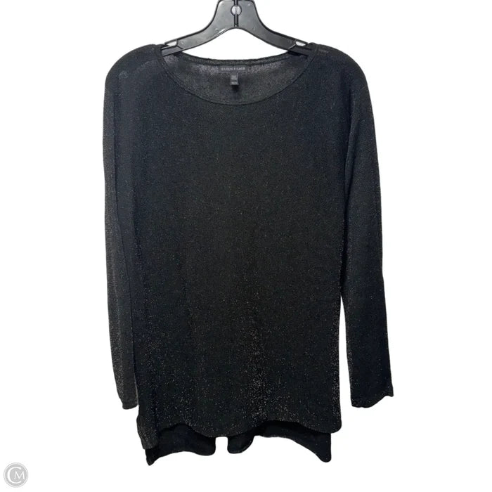 Metallic Linen Blend Top Long Sleeve By Eileen Fisher In Black & Gold, Size: Xs