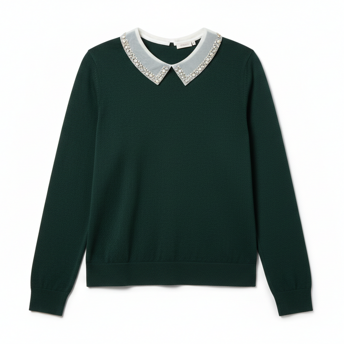 Pearl Embellished Peter Pan Collar Sweater By Liv Milano In Green & White, Size: XL