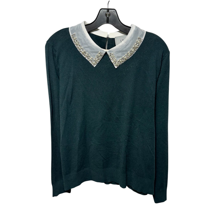 Pearl Embellished Peter Pan Collar Sweater By Liv Milano In Green & White, Size: XL