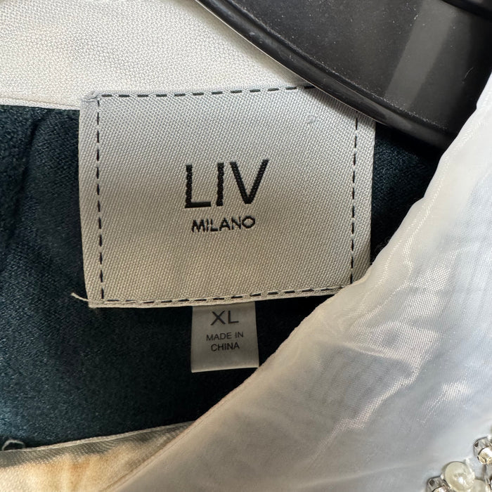 Pearl Embellished Peter Pan Collar Sweater By Liv Milano In Green & White, Size: XL