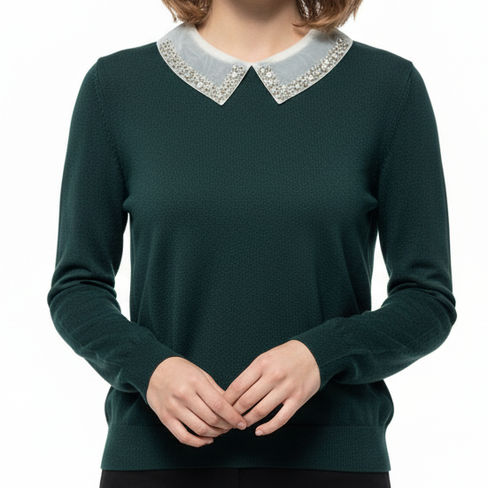 Pearl Embellished Peter Pan Collar Sweater By Liv Milano In Green & White, Size: XL