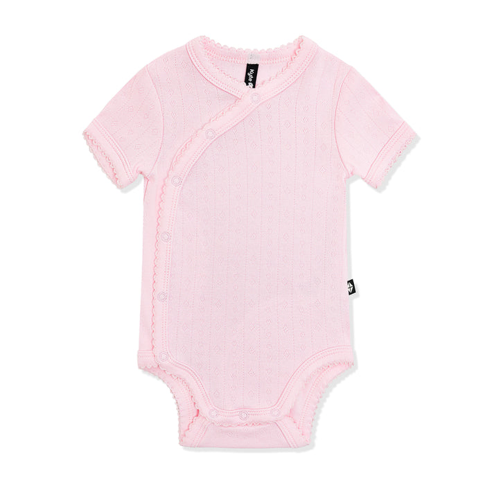 Pointelle Kimono Bodysuit in Sakura with the picot trim shown on a white surface