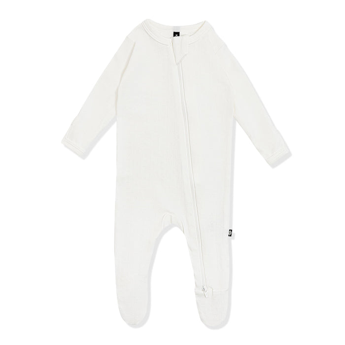 Pointelle Zippered Footie in Cloud on a white surface