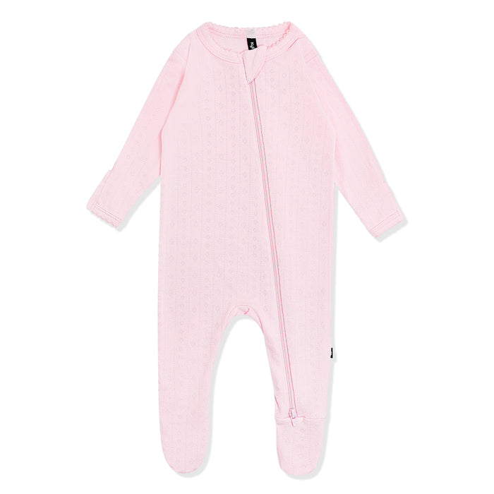 Pointelle Zippered Footie in Sakura showing the picot trim on a white surface