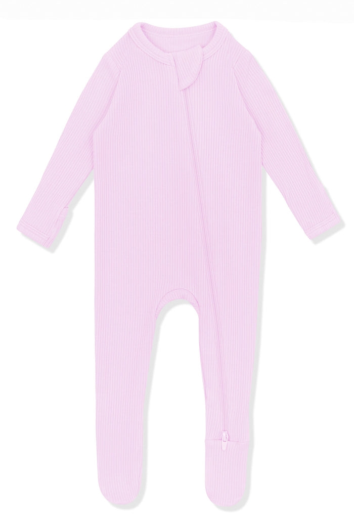 Product photo of the Ribbed Zipper Footie in Thistle on a white surface