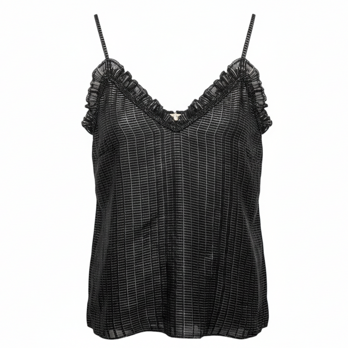 Ruffle Detail Silk Metallic Cami Top Sleeveless By Rebecca Taylor In Black & Silver, Size: 6