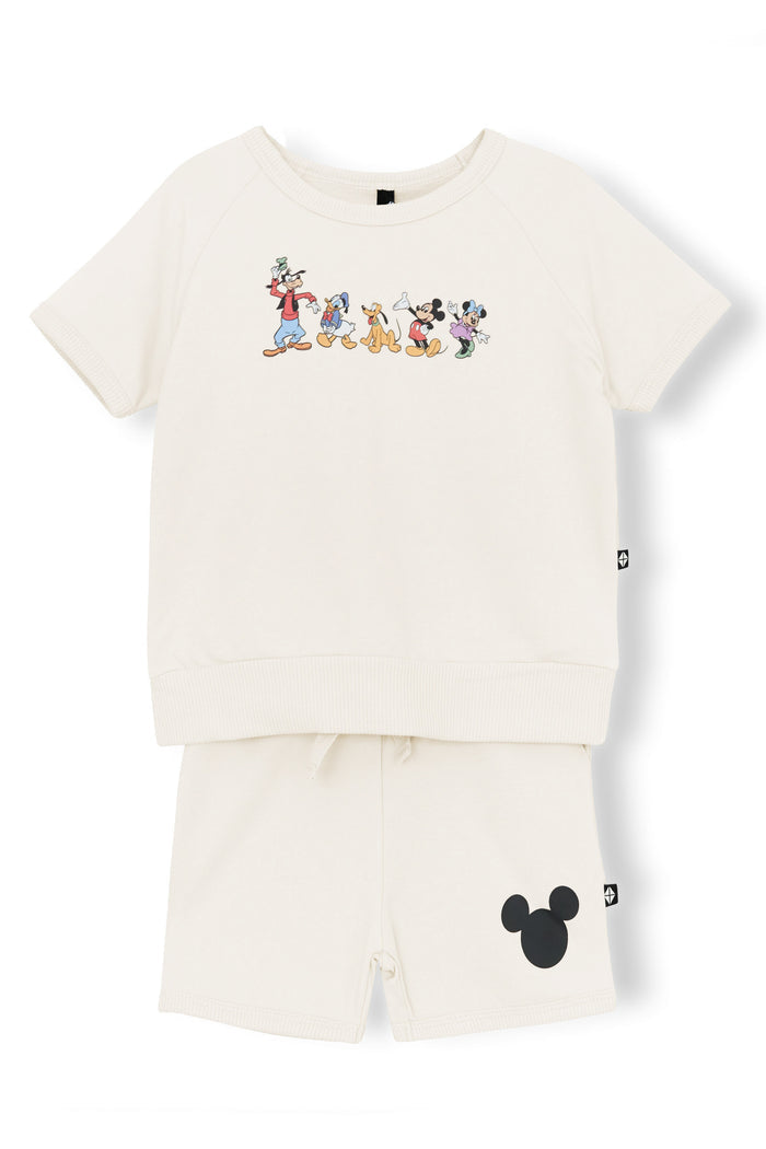 Product photo of the Short Sleeve Jogger Set in Mickey and Friends on Ecru on a white surface