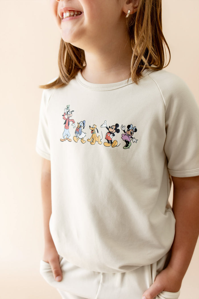 Close up on mickey and friends on matching set's tshirt