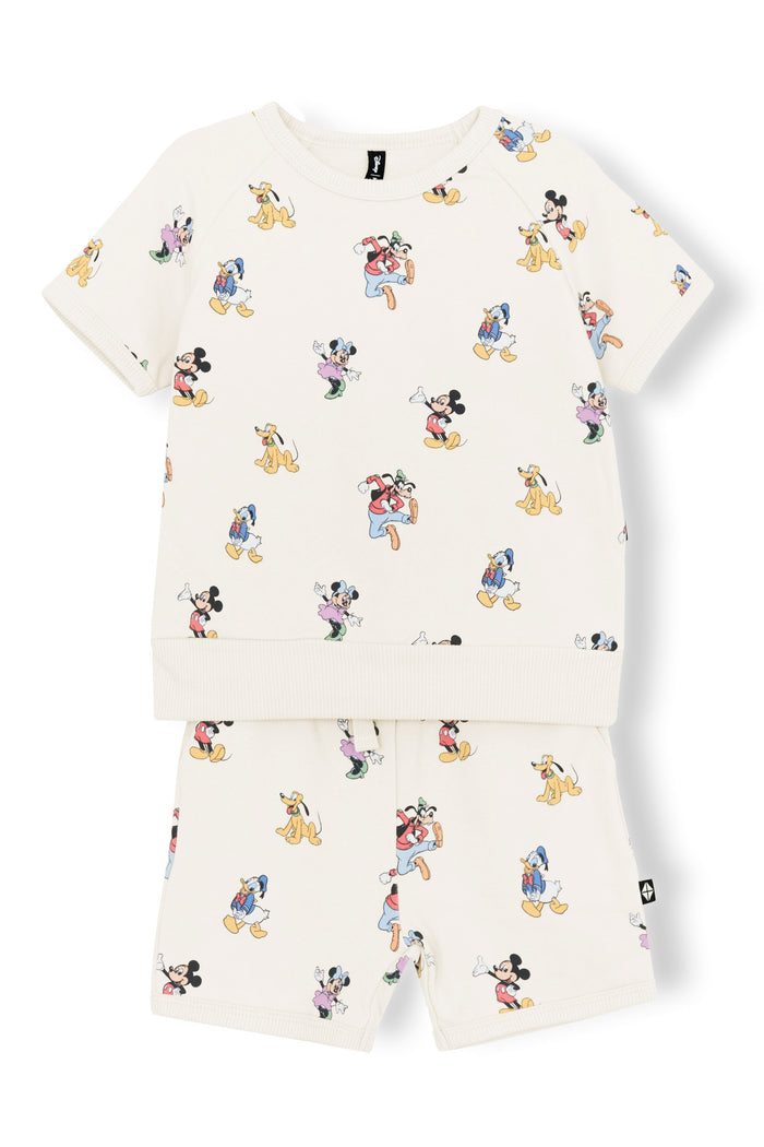 Short Sleeve Jogger Set with Mickey Mouse and Friends print on an oat background
