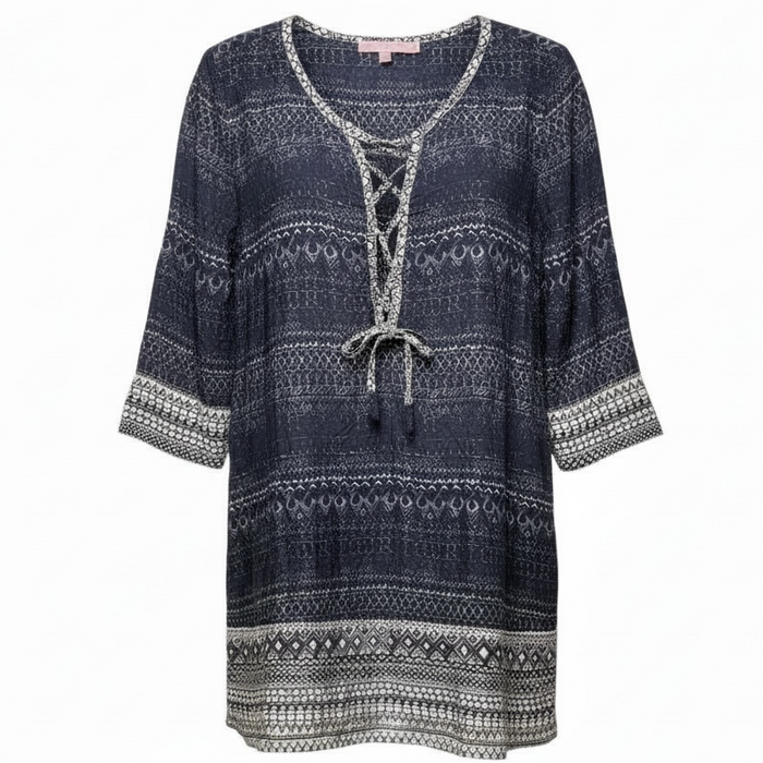 Silk Lace Up Tunic 3/4 Sleeve By Calypso St Barth In Blue & Cream, Size: S