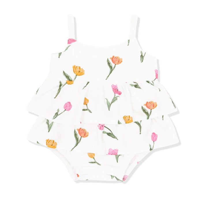 Product photo of the Spaghetti Strap Ruffle Romper in Tulip