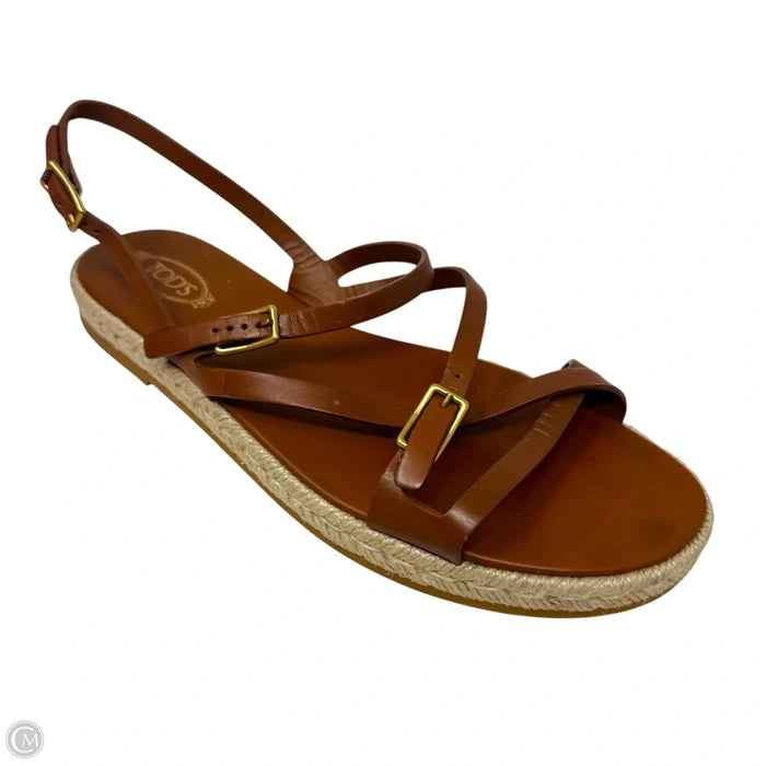 Strappy Leather Espadrille Sandals Luxury Designer By Tods In Brown, Size: 8.5 (38.5)