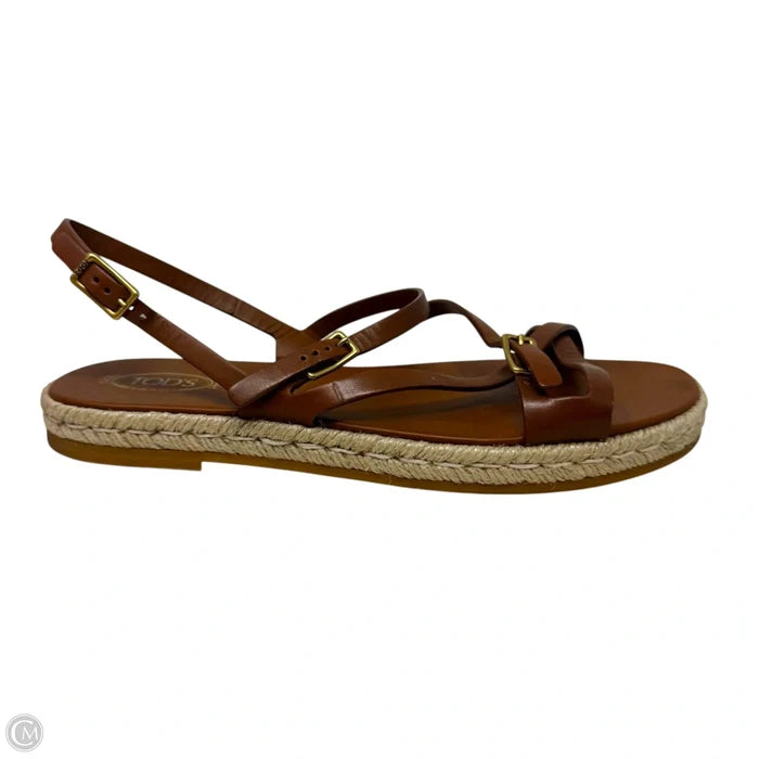 Strappy Leather Espadrille Sandals Luxury Designer By Tods In Brown, Size: 8.5 (38.5)