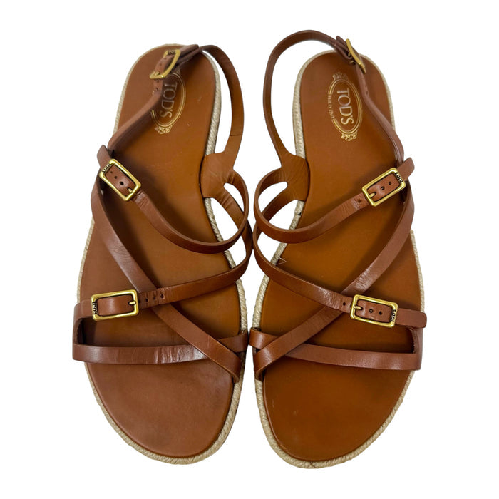 Strappy Leather Espadrille Sandals Luxury Designer By Tods In Brown, Size: 8.5 (38.5)