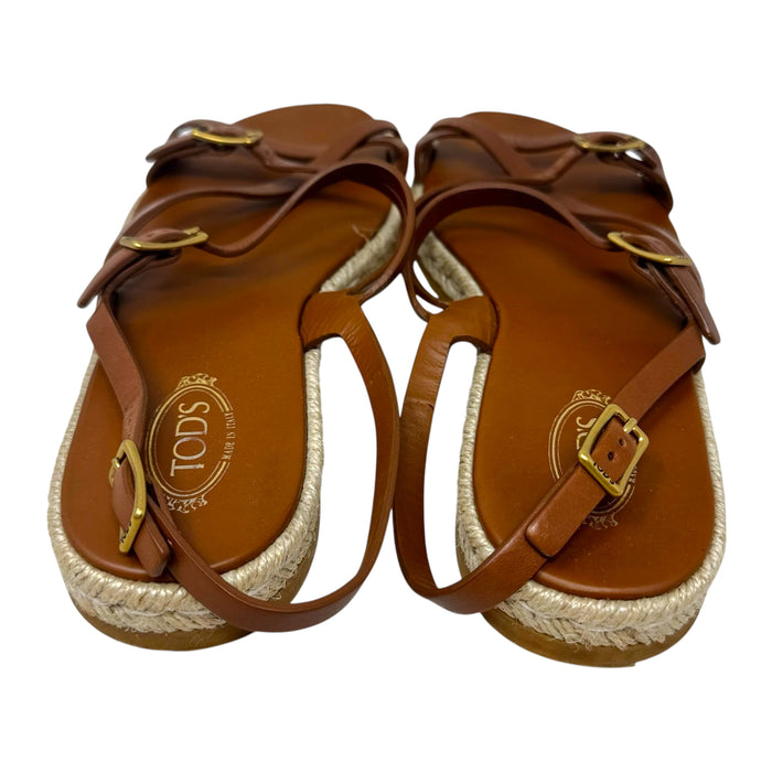 Strappy Leather Espadrille Sandals Luxury Designer By Tods In Brown, Size: 8.5 (38.5)