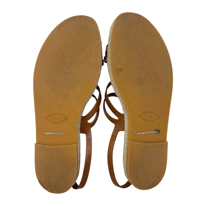 Strappy Leather Espadrille Sandals Luxury Designer By Tods In Brown, Size: 8.5 (38.5)