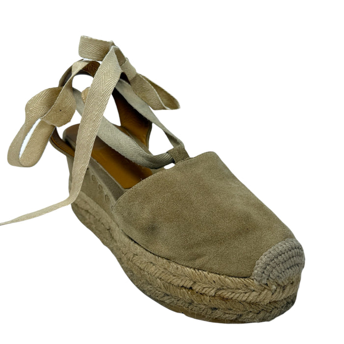 Suede  Ankle Wrap Wedge Espadrilles By Ralph Lauren Collection In Tan, Size: 7.5