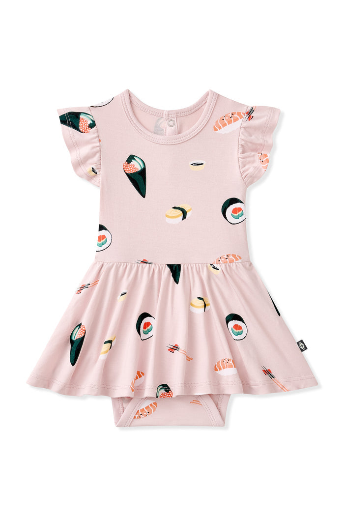 Pink Twirl Bodysuit Dress with Sushi pattern on a white background