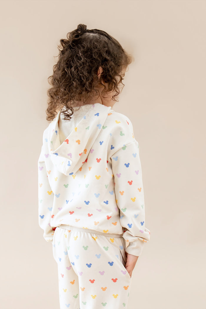 showing the back of the mickey patterned hoodie