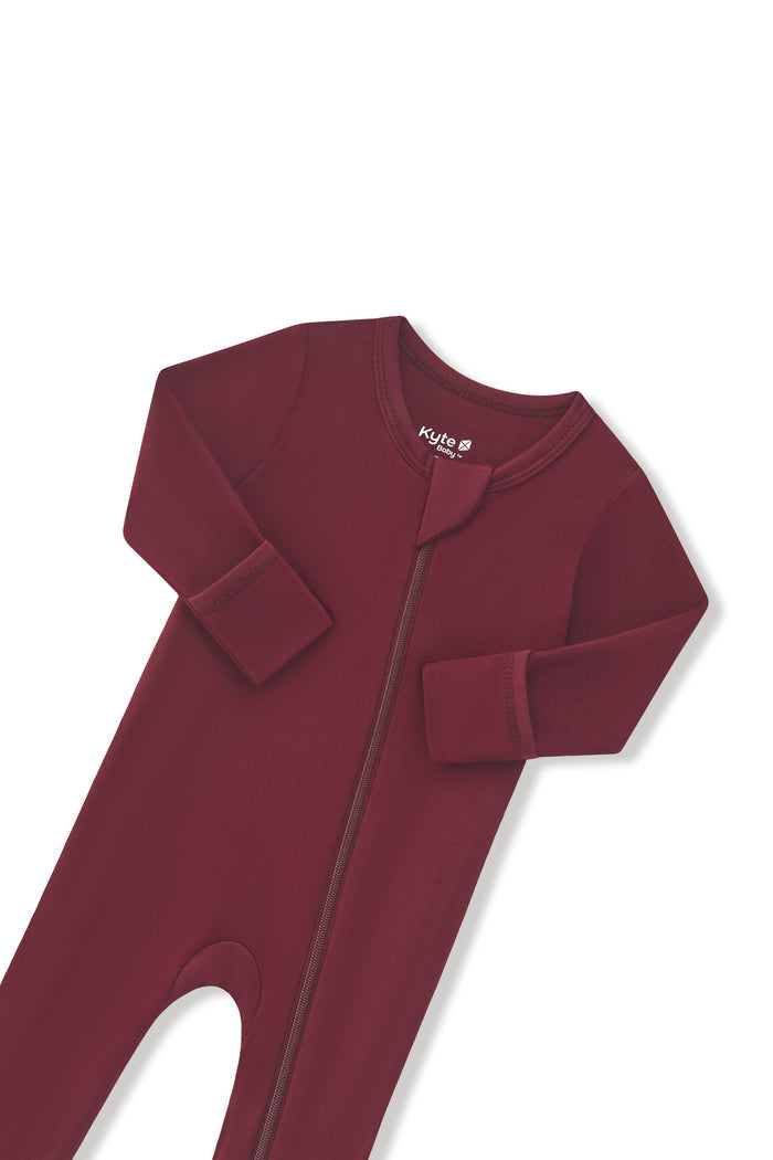 Zipper garage and fold over hand cuffs on the Zippered Footie in Burgundy on a white background