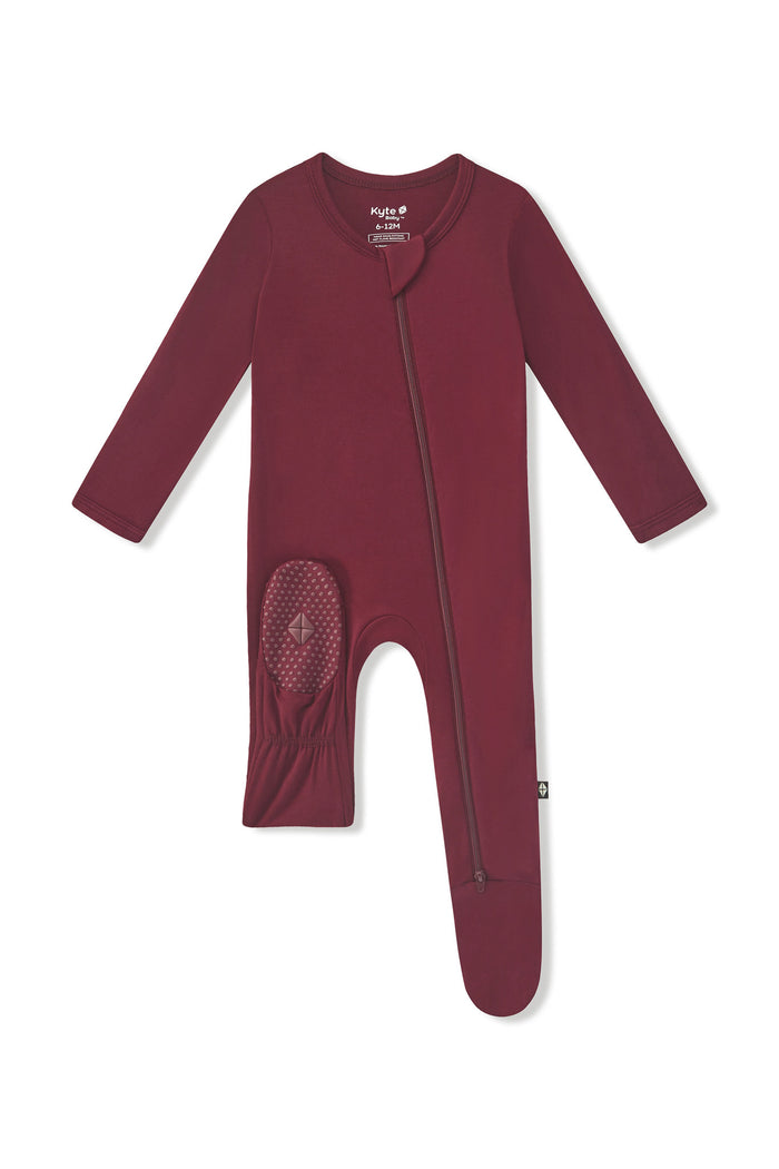 Zippered Footie in Burgundy with dotted footie on a white background