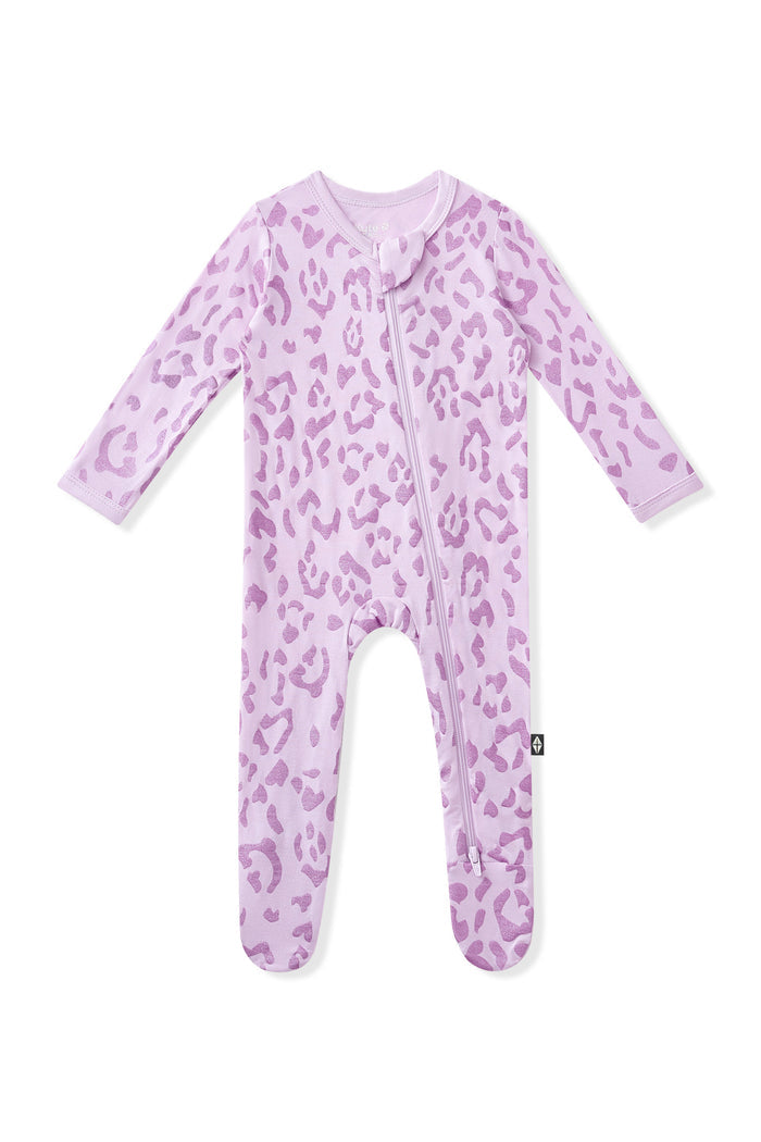 Zippered Footie in Thistle Leopard print on white background